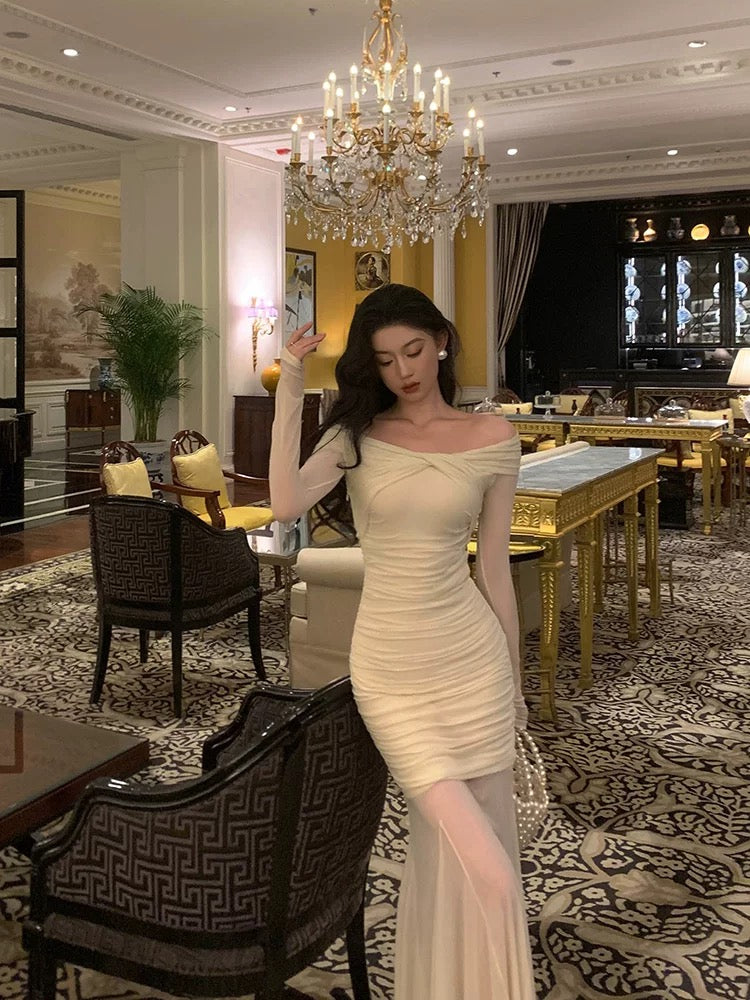 Modest Sheath Off-the-Shoulder Long Sleeves Beige Prom & Evening Dress - View 3 | FashionDia
