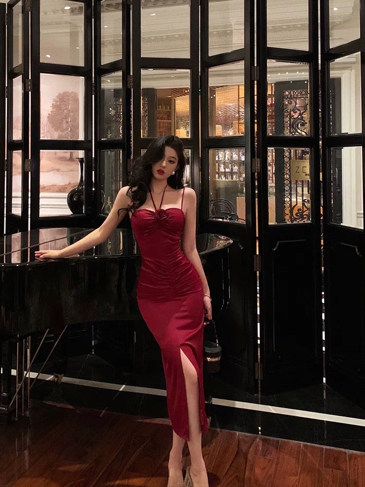Sexy Sheath Halter Red Ankle Length Slit Prom Dresses Birthday Dress