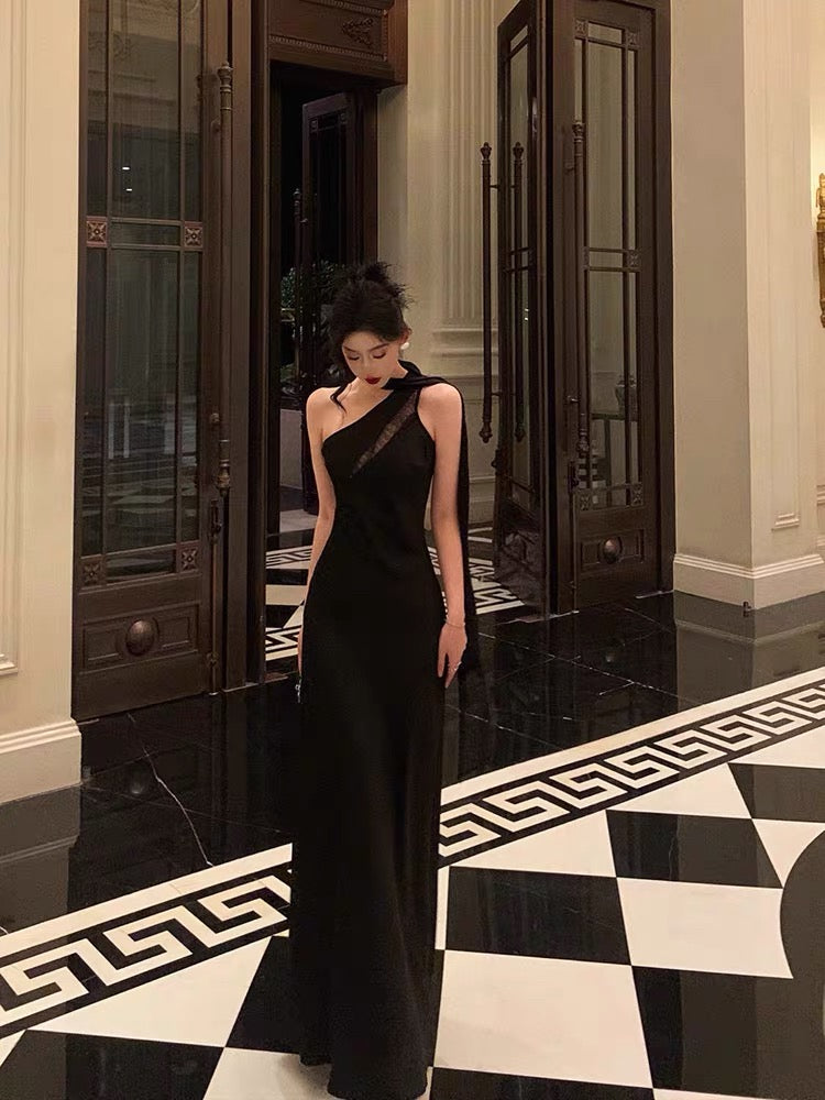 Sexy A Line One Shoulder Black Floor Length Prom Dresses Birthday Dress