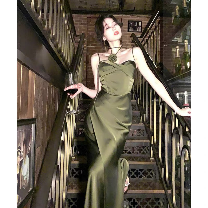 Sexy Sheath Spaghetti Straps Floor Length Green Satin Prom Dresses Birthday Dress