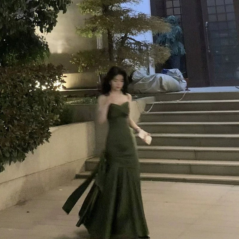 Simple Sheath Spaghetti Straps Floor-Length Olive Green Satin Party Dresses Birthday Outfits - View 2 | FashionDia