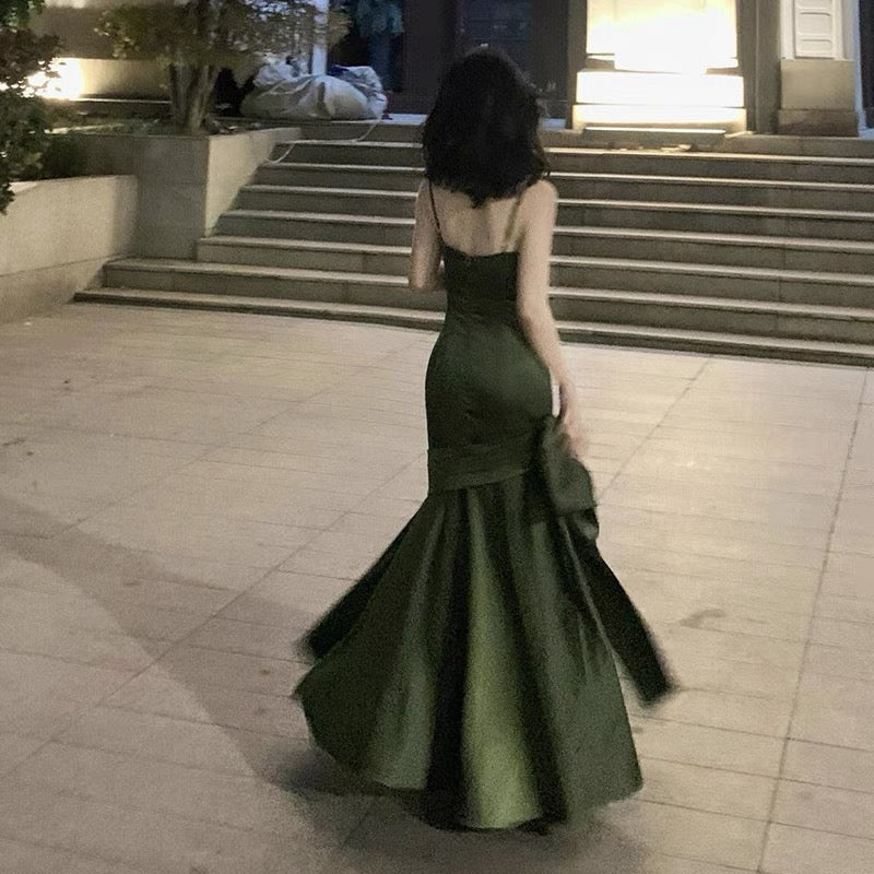 Simple Sheath Spaghetti Straps Floor-Length Olive Green Satin Party Dresses Birthday Outfits - View 4 | FashionDia