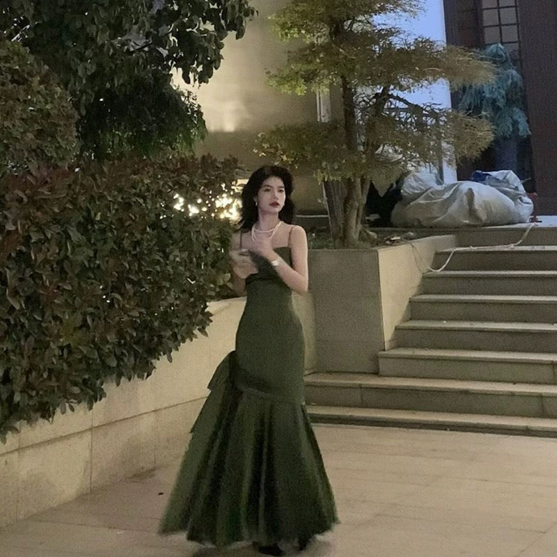 Simple Sheath Spaghetti Straps Floor Length Olive Green Satin Party Dresses Birthday Outfits