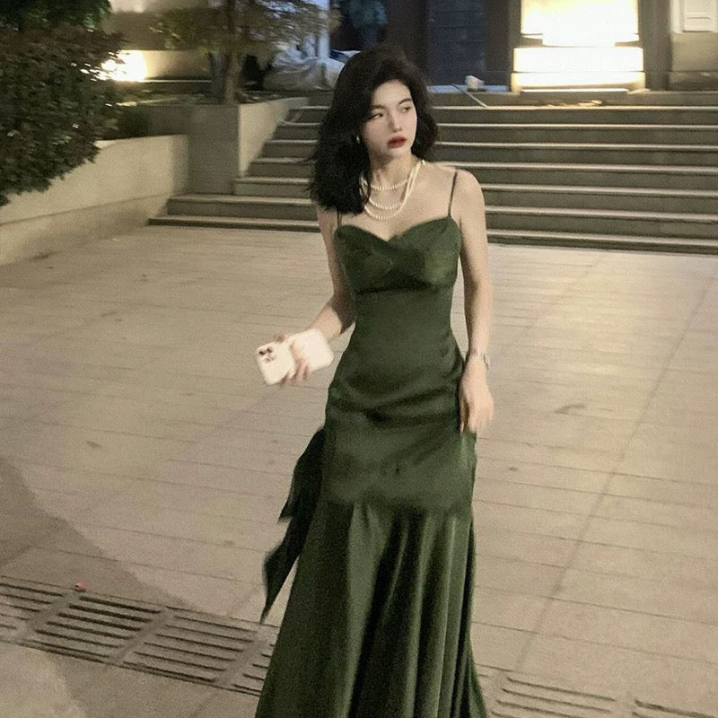 Simple Sheath Spaghetti Straps Floor-Length Olive Green Satin Party Dresses Birthday Outfits - View 3 | FashionDia
