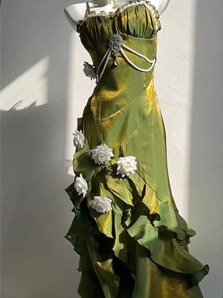 Vintage Sheath Irregular Ruffled Spaghetti Straps Women's Green Birthday Party Dresses