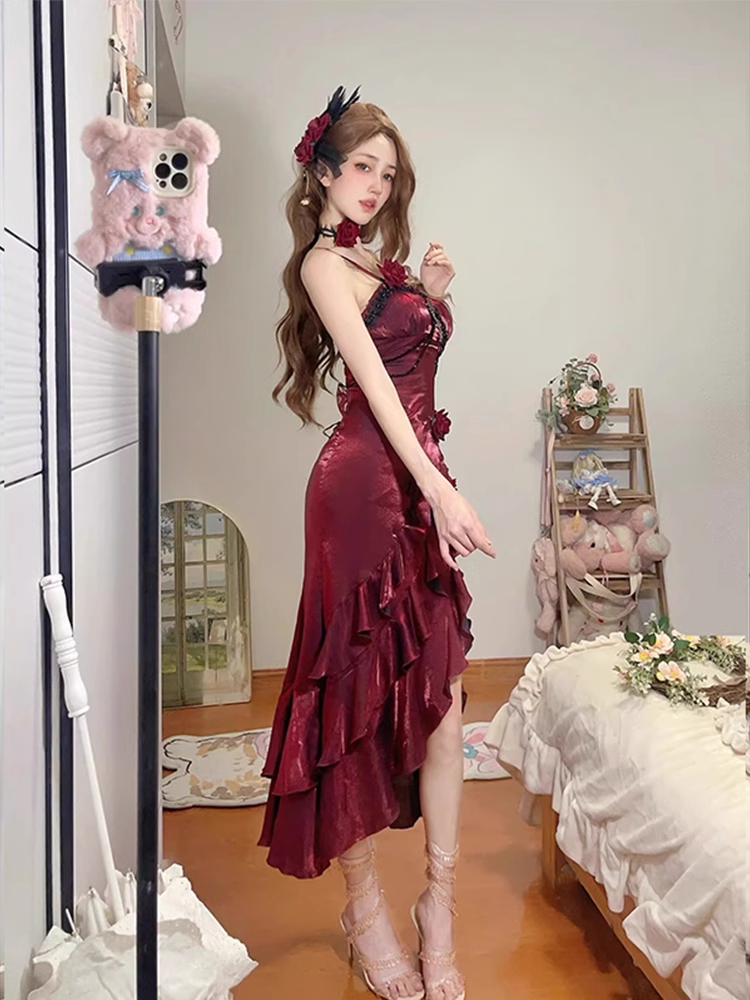 Vintage High-Low Irregular Ruffled Spaghetti Straps Women's Burgundy Birthday Outfits Party Dresses With Sleeves - View 2 | FashionDia