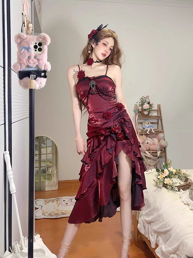 Vintage High-Low Irregular Ruffled Spaghetti Straps Women's Burgundy Birthday Outfits Party Dresses With Sleeves - View 3 | FashionDia