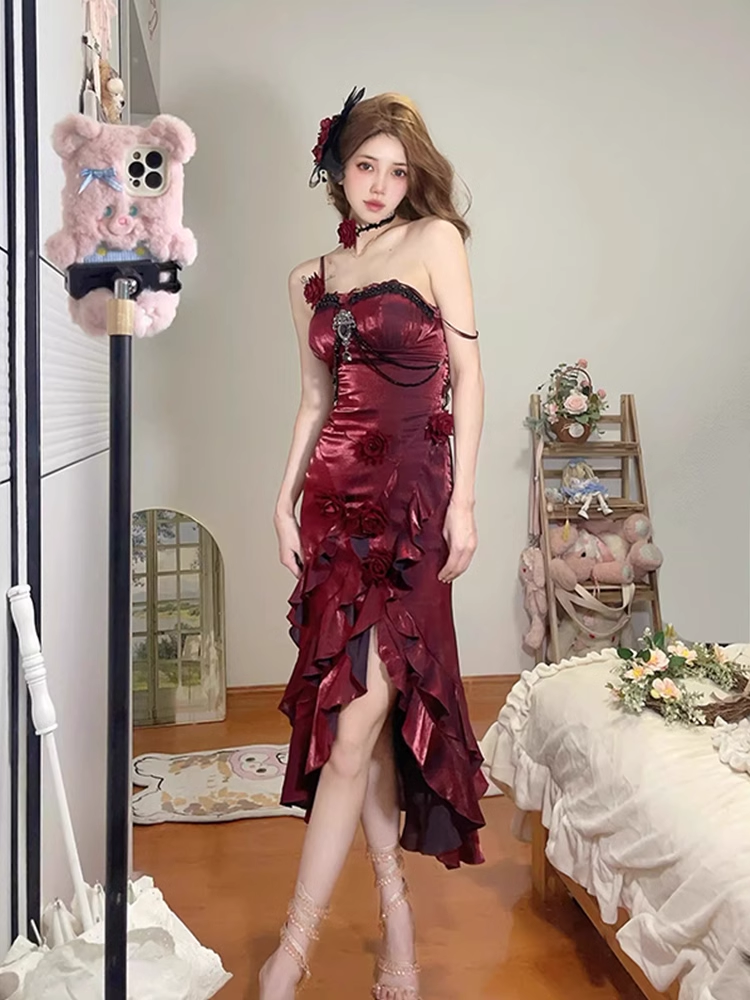Vintage High-Low Irregular Ruffled Spaghetti Straps Women's Burgundy Birthday Outfits Party Dresses With Sleeves - View 4 | FashionDia