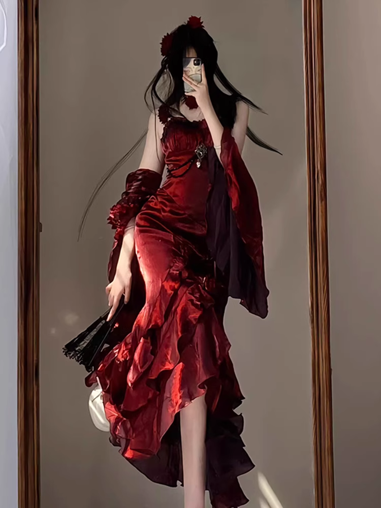 Vintage High Low Irregular Ruffled Spaghetti Straps Women's Burgundy Birthday Outfits Party Dresses With Sleeves