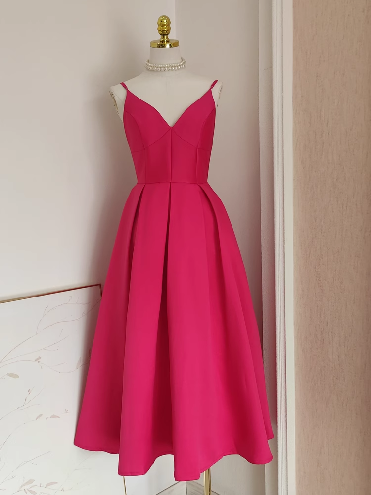 Sexy A-Line Spaghetti Straps Hot Pink Vacation Dress Satin Women Birthday Dresses - View 2 | FashionDia