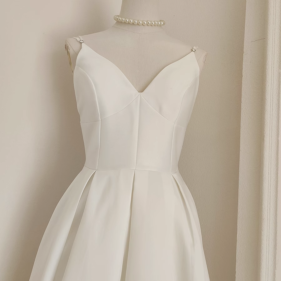 Simple A-Line Spaghetti Straps White Vacation Dress Satin Women Birthday Dresses - View 2 | FashionDia