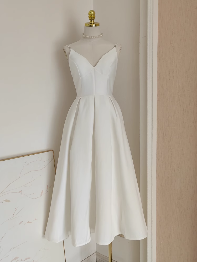 Simple A-Line Spaghetti Straps White Vacation Dress Satin Women Birthday Dresses - FashionDia