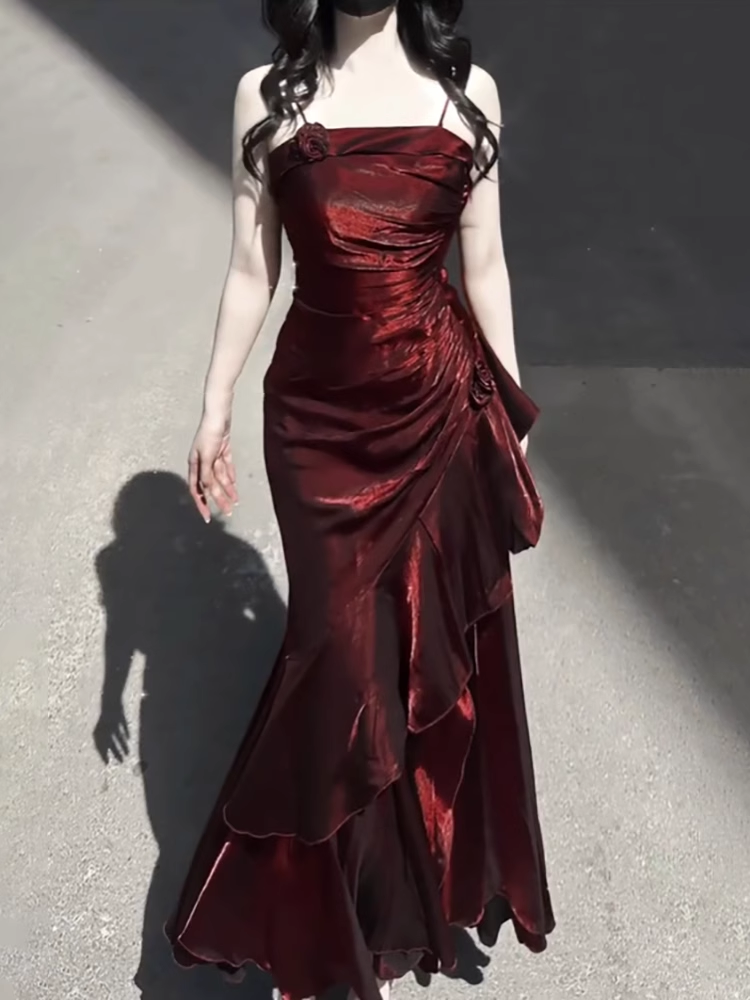 Vintage High Low Spaghetti Straps Burgundy Long Party Dresses Birthday Outfits