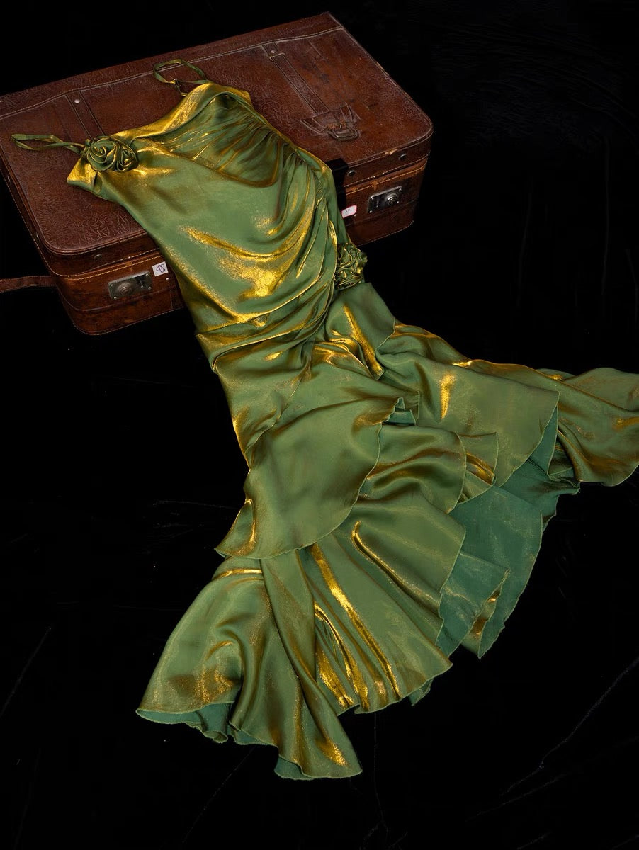 Vintage High Low Spaghetti Straps Ruffles Green Prom Dresses Birthday Outfits