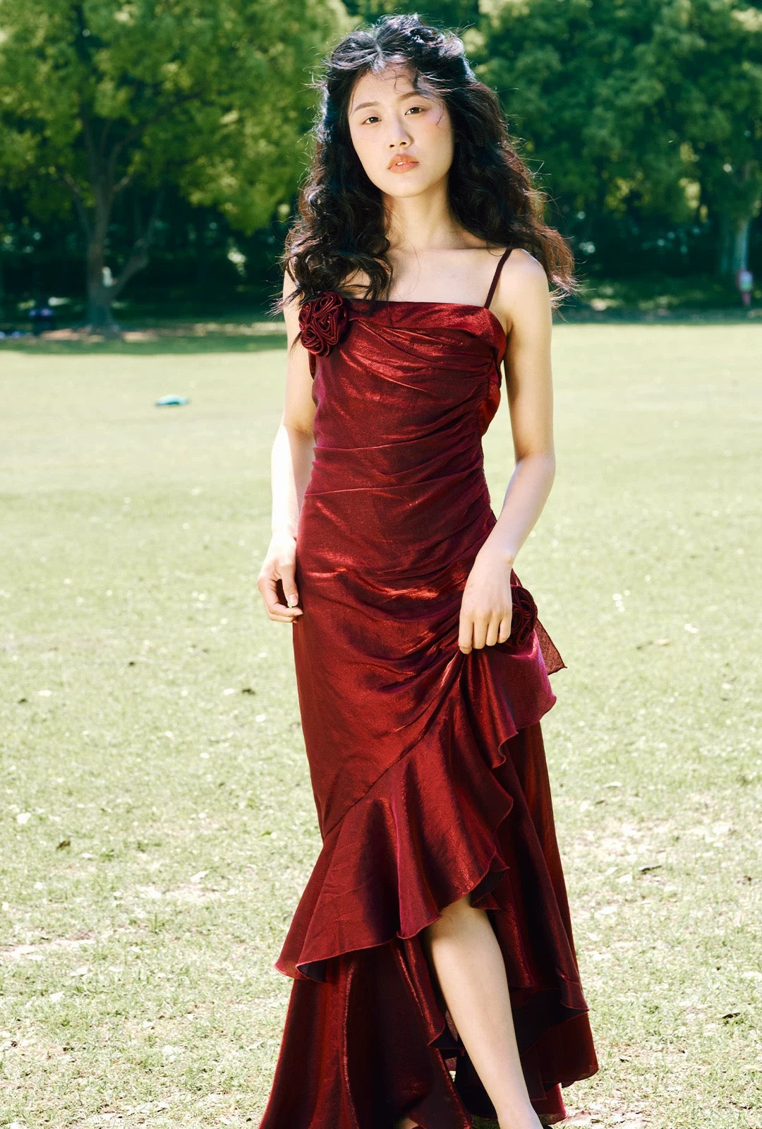 Vintage High-Low Spaghetti Straps Ruffles Burgundy Prom Dresses Birthday Outfits - View 2 | FashionDia