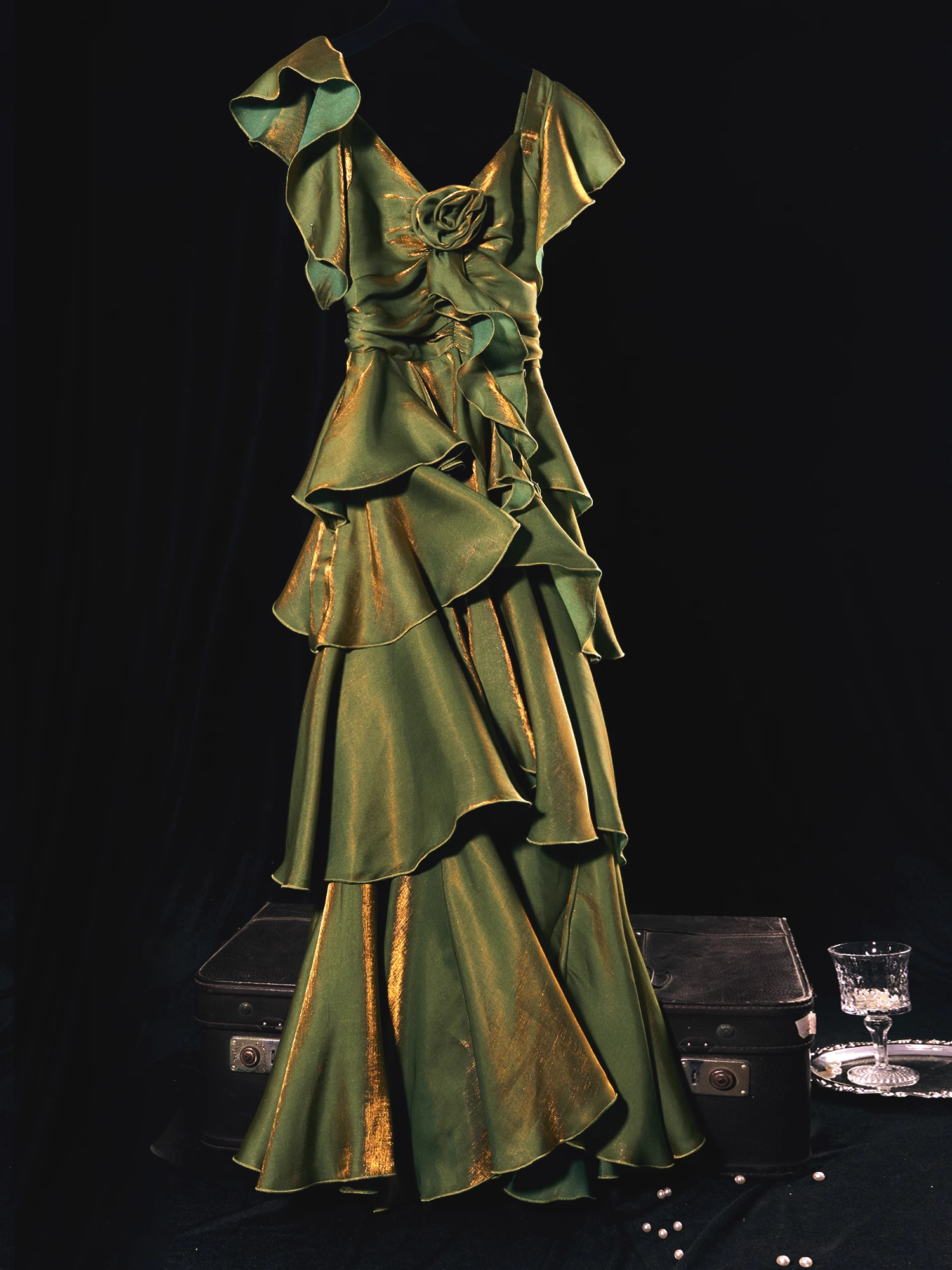 2025 French Retro A line Short Sleeves Green Long Prom Dress Birthday Dresses