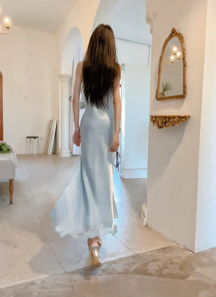 Chic Sheath Spaghetti Straps Light Sky Blue Flower Long Prom Dresses Birthday Outfits