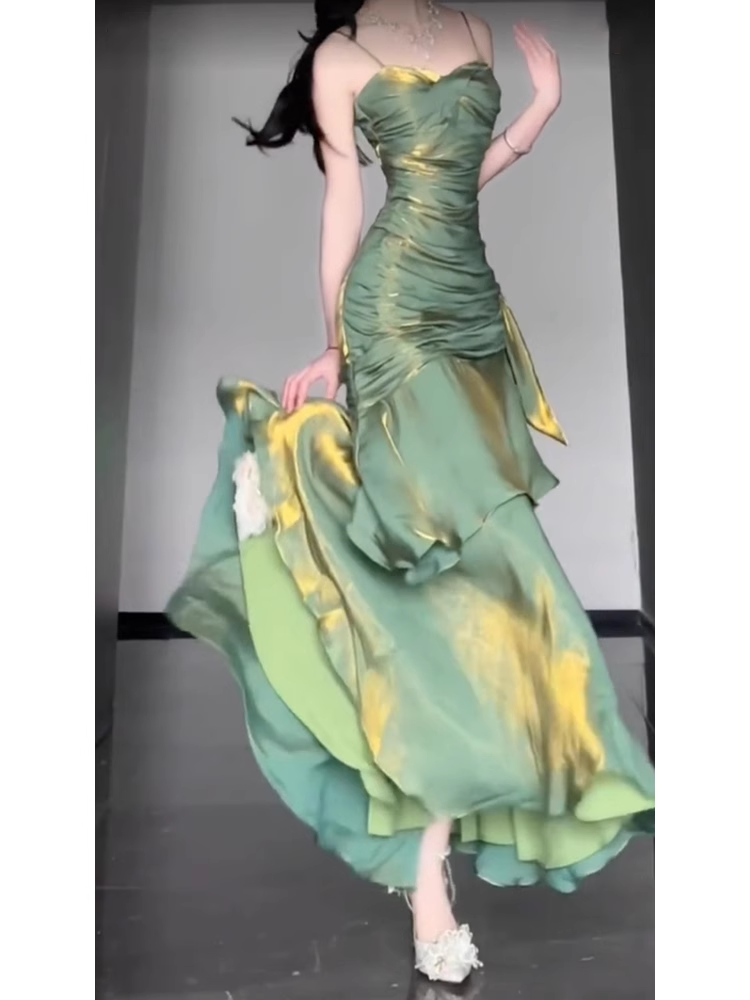 Retro Mermaid Spaghetti Straps Green Prom Dresses Birthday Outfits With Flower