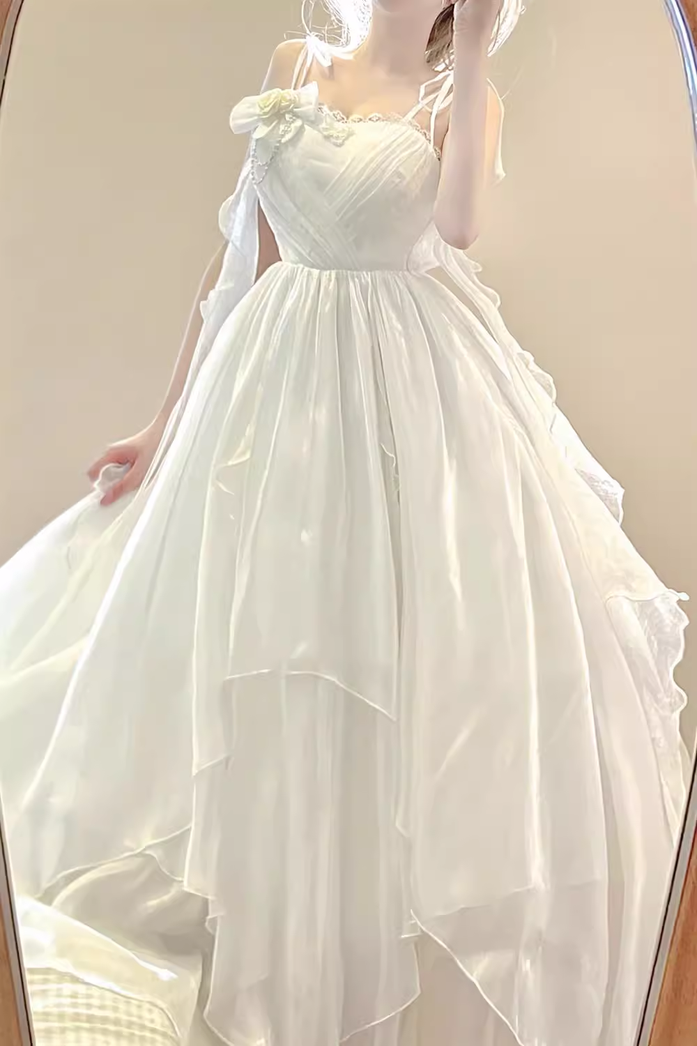 Retro A Line Spaghetti Straps White Chiffon Ankle length Prom Dresses Birthday Outfits