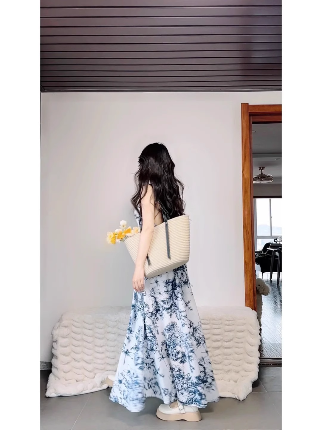 French Retro A Line V Neckline Floral Blue Ankle length Prom Dresses Birthday Outfits