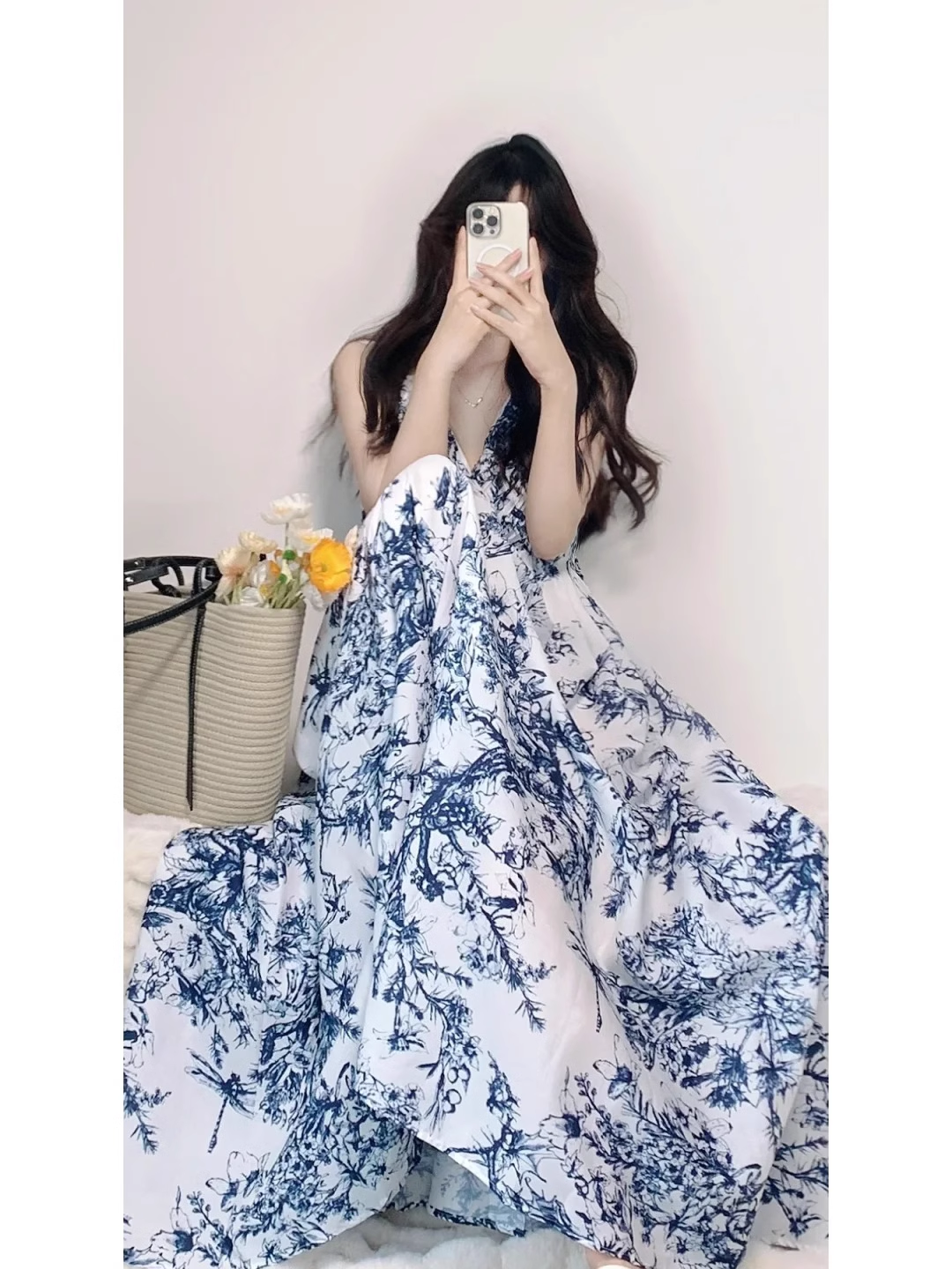 French Retro A-Line V Neckline Floral Blue Ankle length Prom Dresses Birthday Outfits - View 4 | FashionDia