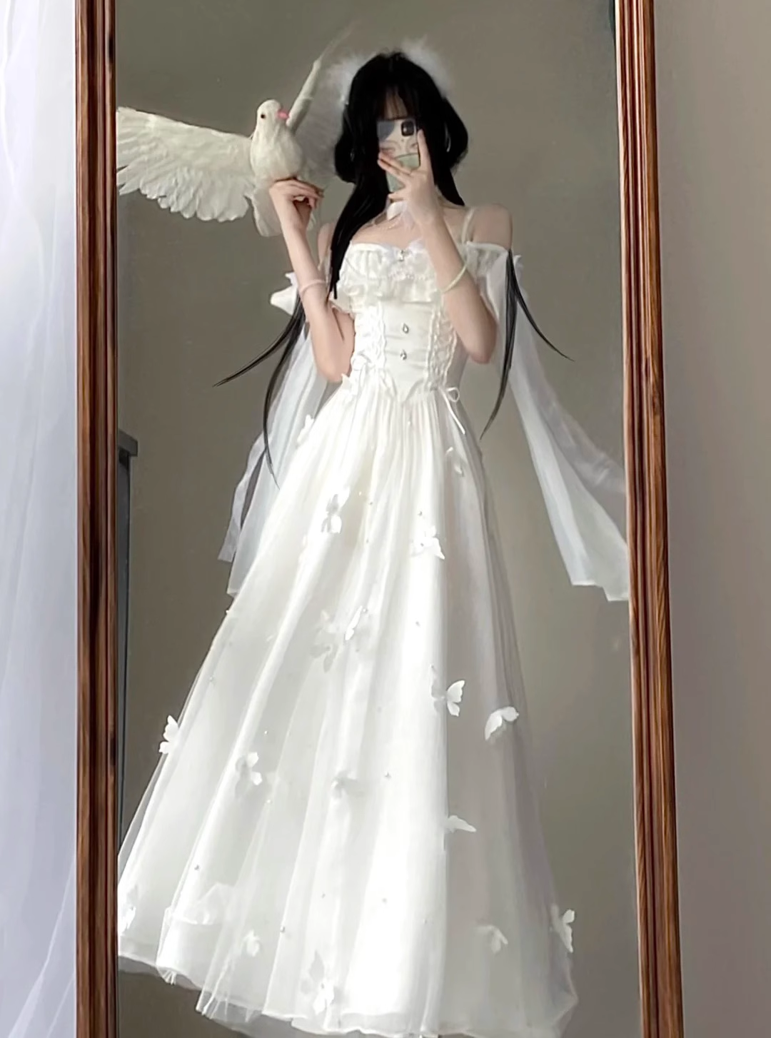 Vintage A-Line Spaghetti Straps White Tulle Ankle length Prom Dresses Birthday Outfits - View 3 | FashionDia