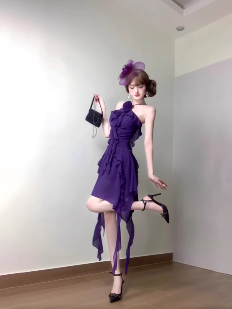 French Retro A Line Halter Grape Floral Chiffon Prom Dresses Birthday Outfits