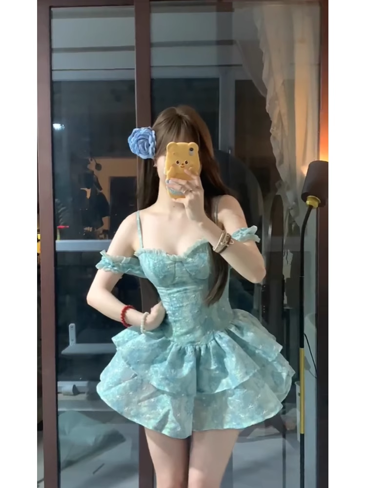 Cute Ball Gown Spaghetti Straps Short Green Cocktail Dresses Birthday Outfits - View 3 | FashionDia
