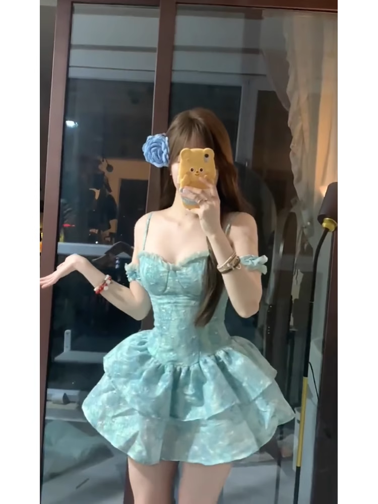 Cute Ball Gown Spaghetti Straps Short Green Cocktail Dresses Birthday Outfits - View 4 | FashionDia