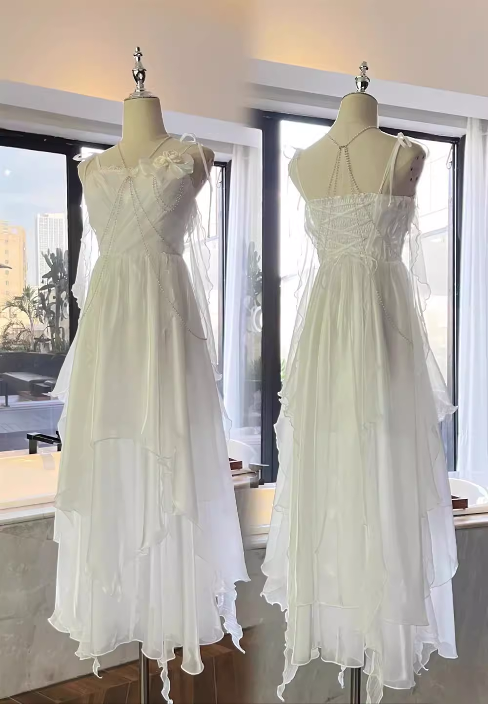 French Retro A Line Spaghetti Straps White Ruffles Chiffon Prom Dresses Birthday Outfits