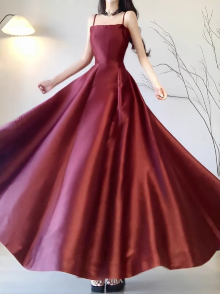 Sexy A line Spaghetti Straps Burgundy Long Party Prom Dresses Birthday Outfits