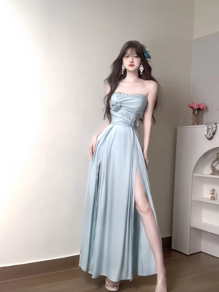 Sexy A line Strapless Blue Slit Long Party Prom Dresses Birthday Outfits