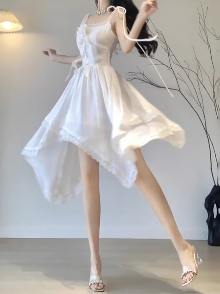 Sexy High Low Straps White Chiffon Party Prom Dresses Birthday Outfits
