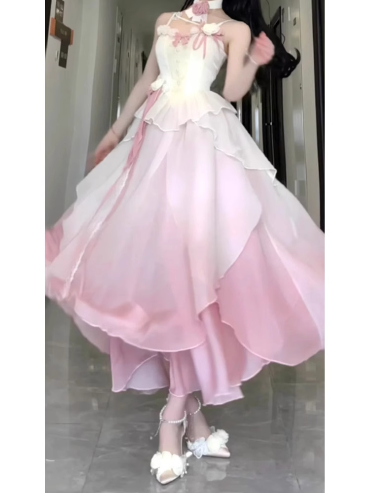 Sexy A line Straps Ombre Pink Chiffon Party Prom Dresses Birthday Outfits