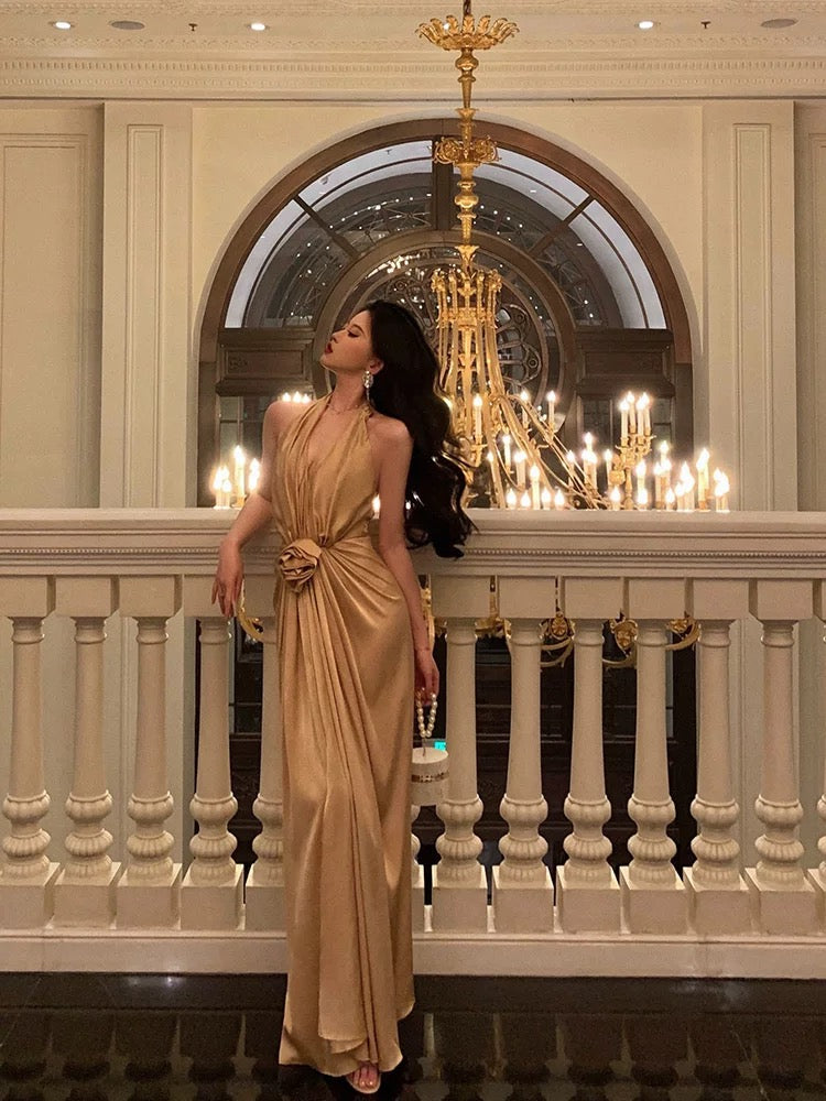 Chic Mermaid Halter Gold Long Ruffles Prom Dresses Birthday Dress