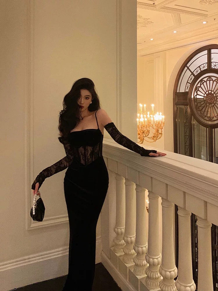 Pretty Sheath Spaghetti Straps Black Lace Long Prom Dresses Birthday Outfits With Gloves