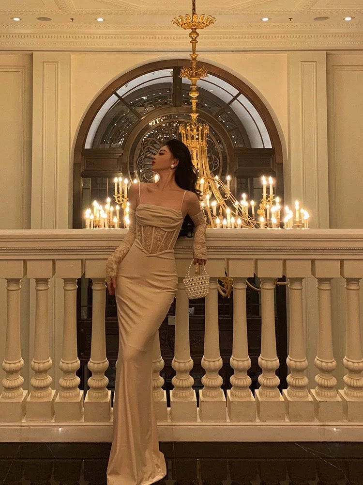 Sexy Sheath Spaghetti Straps Lace Long Prom Dresses Birthday Outfits With Gloves