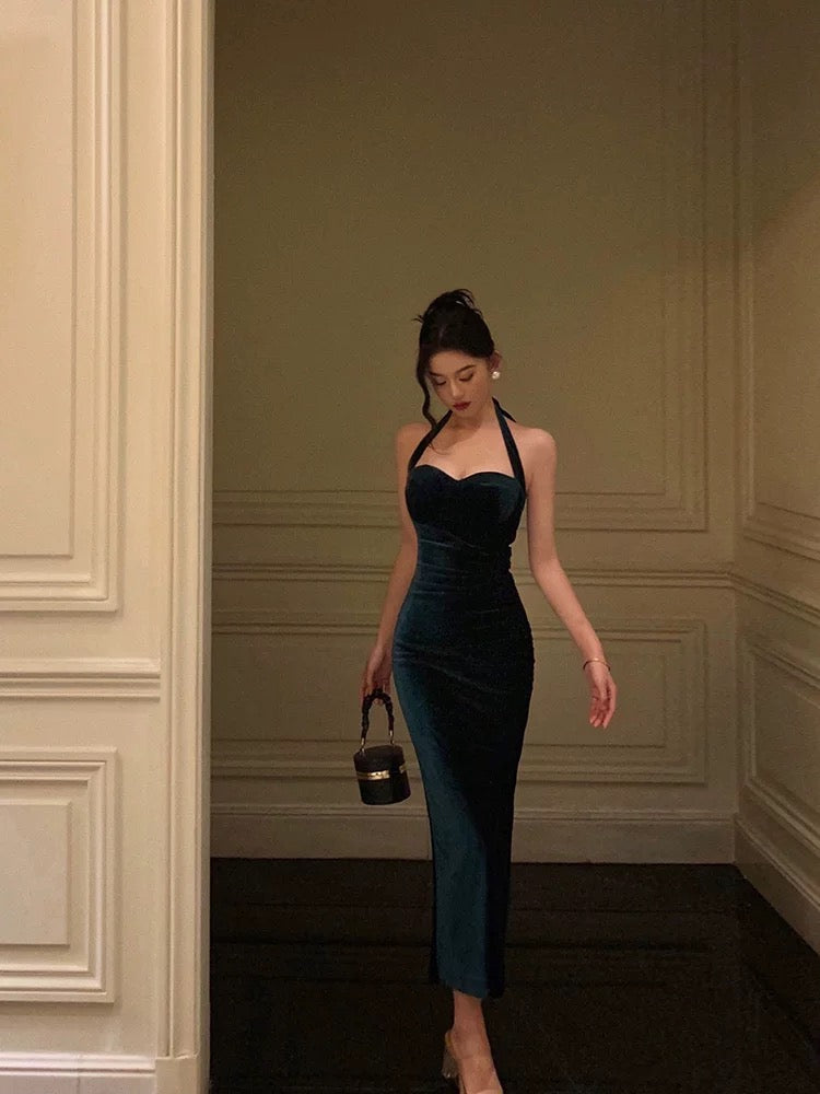 Sexy Sheath Halter Velvet Green Knee Length Prom Dresses Birthday Outfits