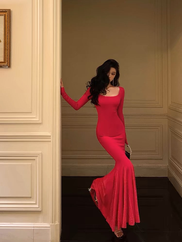 Sexy Mermaid Square Neckline Long Sleeves Pink Prom Dresses Birthday Outfits