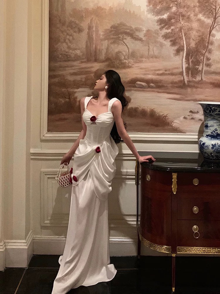 Sexy Mermaid Straps White Long Satin Prom Dresses Birthday Outfits