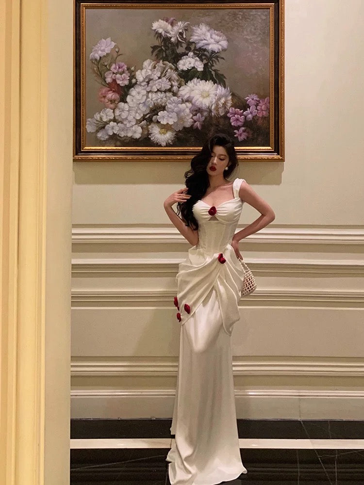 Sexy Mermaid Straps White Long Satin Prom Dresses Birthday Outfits - View 5 | FashionDia