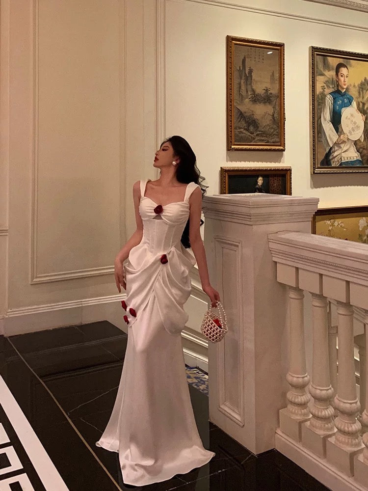 Sexy Mermaid Straps White Long Satin Prom Dresses Birthday Outfits - View 2 | FashionDia