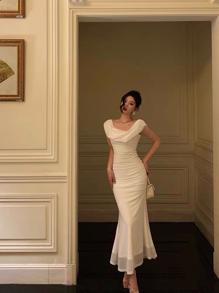 Sexy Sheath Boat Chiffon White Ankle Length Prom Dresses Birthday Outfits