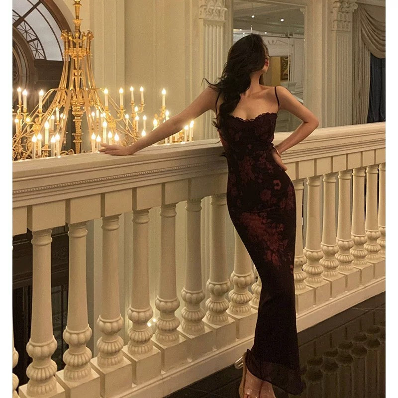 Sexy Sheath Spaghetti Straps Lace Grape Ankle Length Prom Dresses Birthday Outfits