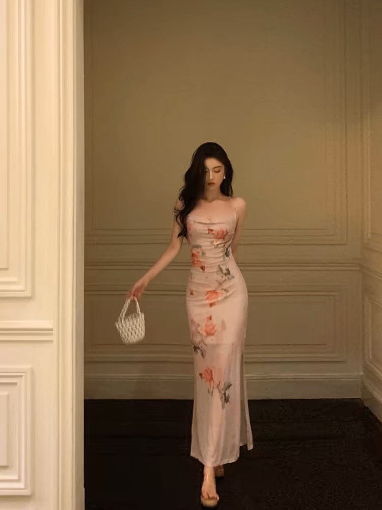 Sexy Sheath Spaghetti Straps Floral Pink Ankle Length Prom Dresses Birthday Outfits
