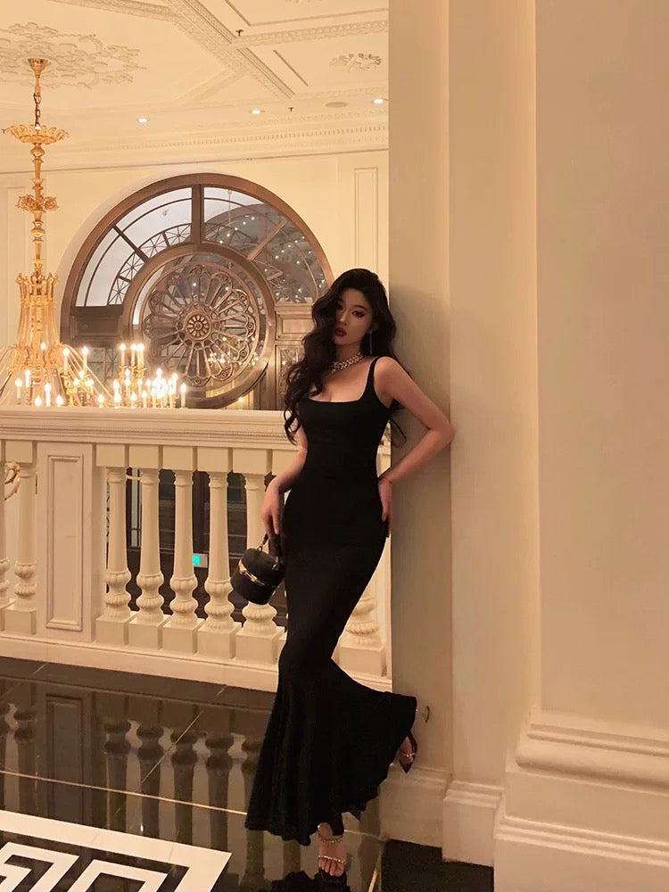 Sexy Sheath Spaghetti Straps Black Ankle Length Prom Dresses Birthday Outfits