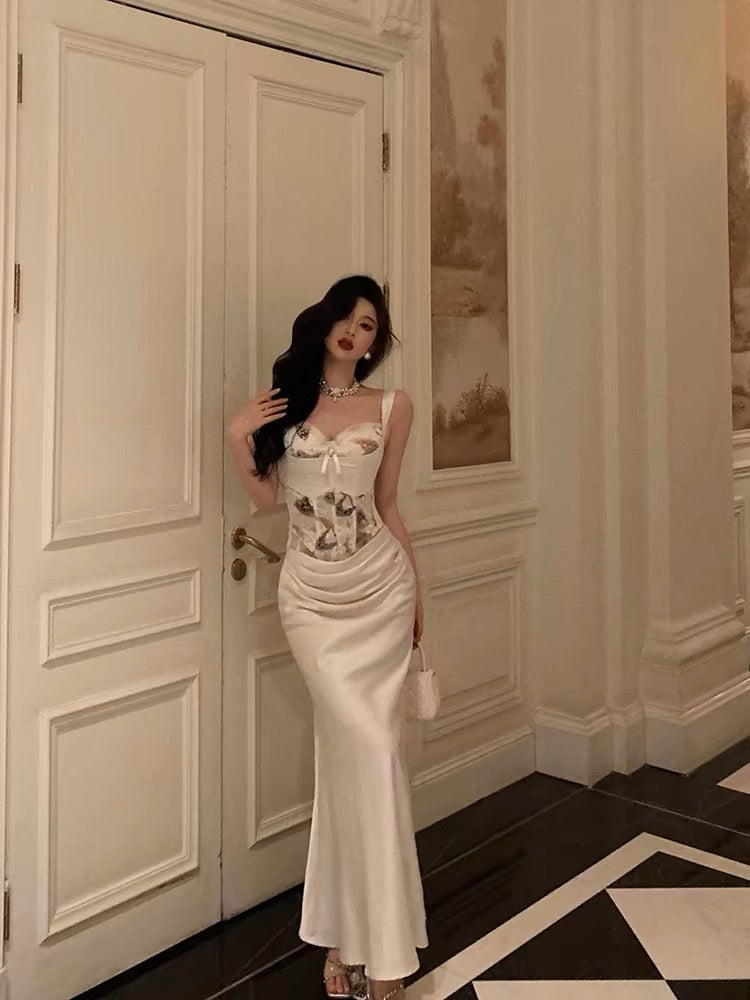 Sexy Mermaid Sweetheart Straps White Floral Long Satin Prom Dresses Birthday Outfits - View 5 | FashionDia