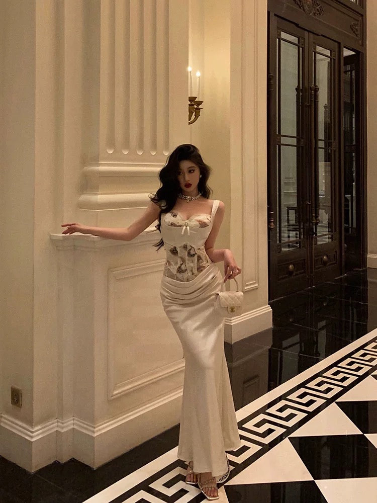 Sexy Mermaid Sweetheart Straps White Floral Long Satin Prom Dresses Birthday Outfits - FashionDia