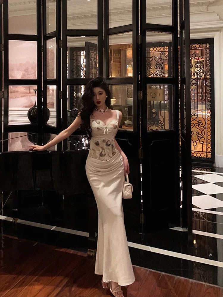 Sexy Mermaid Sweetheart Straps White Floral Long Satin Prom Dresses Birthday Outfits - View 3 | FashionDia