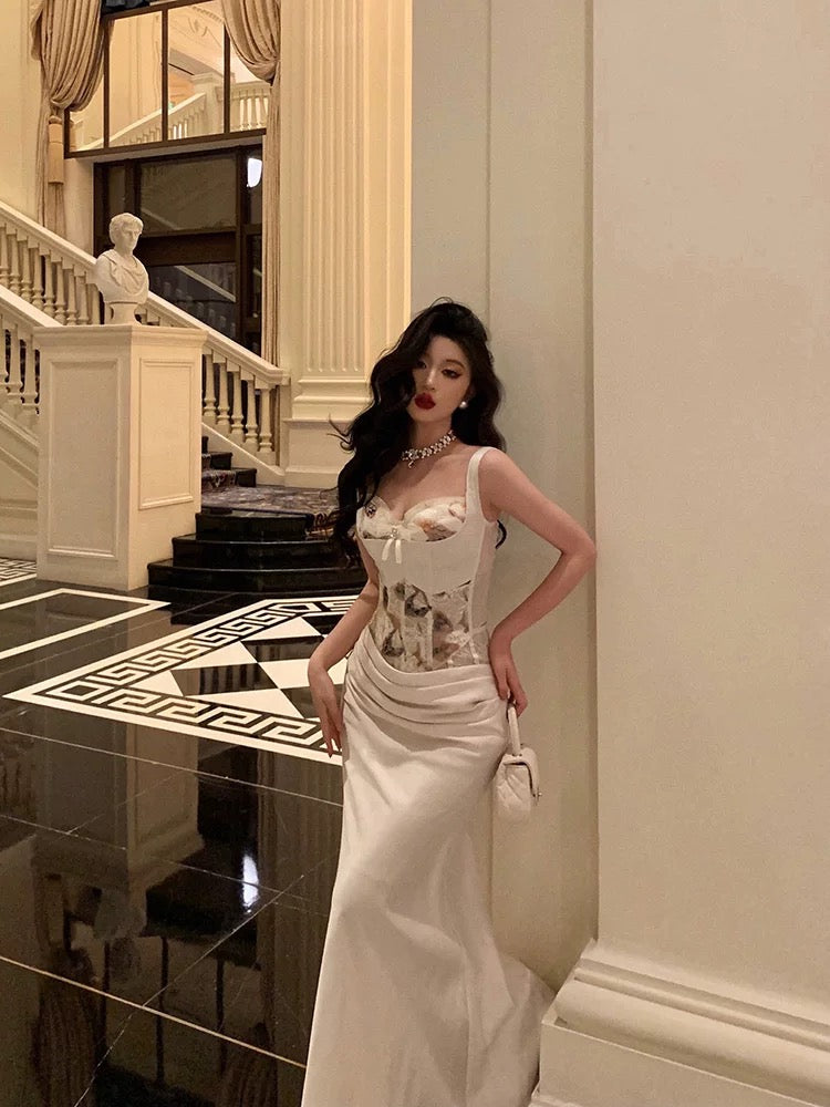 Sexy Mermaid Sweetheart Straps White Floral Long Satin Prom Dresses Birthday Outfits - View 4 | FashionDia